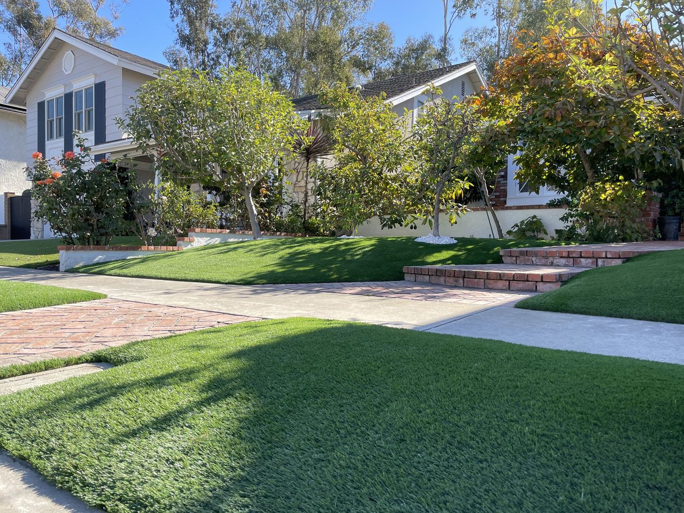 Front yard lawn with a curved walkway to the porch